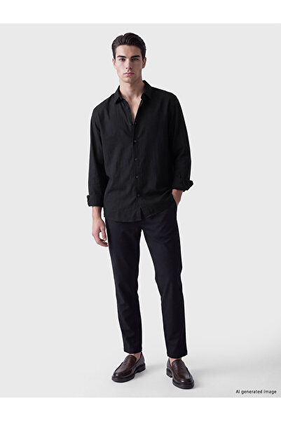 LC Waikiki Nevavm Black Linen-Looking Plain Standard & Regular Men's Shirt wi...