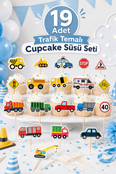 19 Adet Trafik Temalı Cupcake Süsü Seti Kağıt Çöp Şişli Parti Süsü