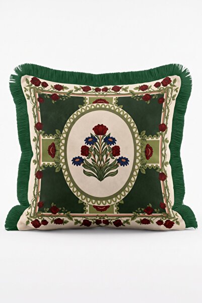 IdeCraft Vintage Floral Bouquet Medallion and Rose Border Fringed Throw Pillo...