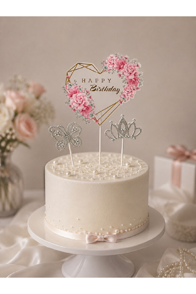 Magique Party Şeffaf Gül ve Taş Detaylı "Happy Birthday" Pasta Süsü - 3 Parça