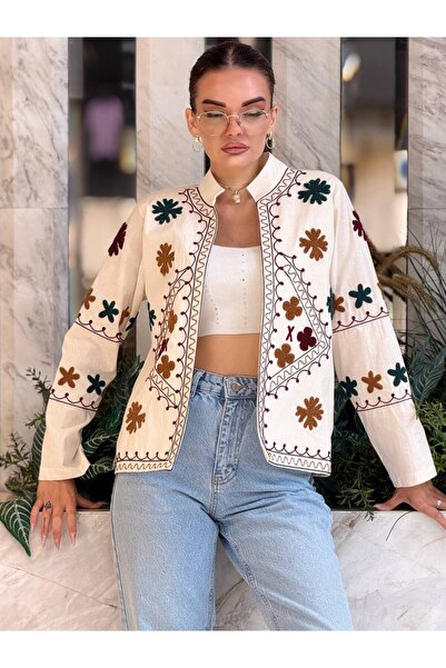 Nes Moda Kadın Suzene Nakış İşlemeli Keten Ceket