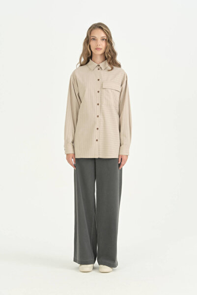 Nihan Striped Fabric Mixed Oversize Sports Tunic - Beige
