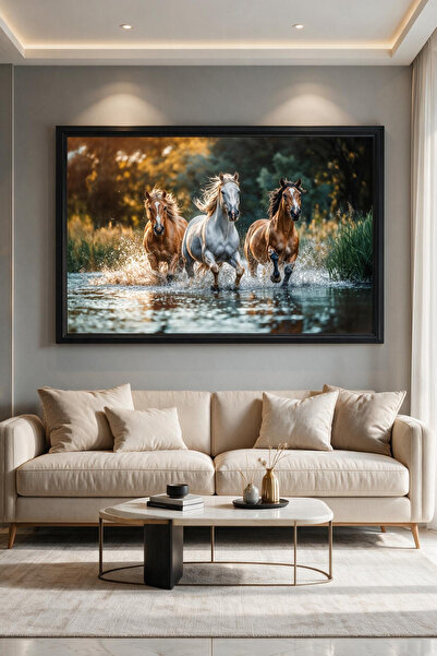 ARTAN GALLERY Koşan Üç At İtalyan Kadife Tablo 40 mm Kalın Çerçeveli Yağlı Bo...