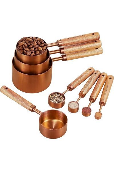 Tazweeq 8Pcs Copper Stainless Steel Measuring Cups and Spoons Set, Wooden Han...
