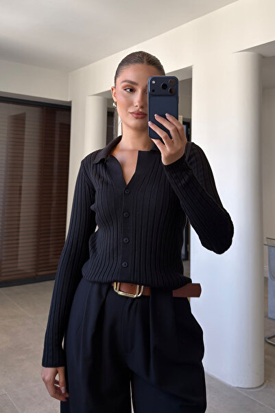 MAGARDE Polo Collar Ribbed Knitwear Cardigan - Black