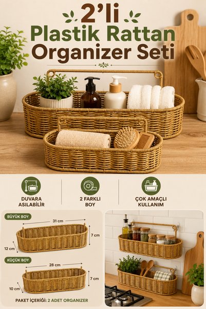 Hane Dostu 2'li Duvar Askılı Plastik Rattan Organizer Sepet – Hasır Görünümlü...