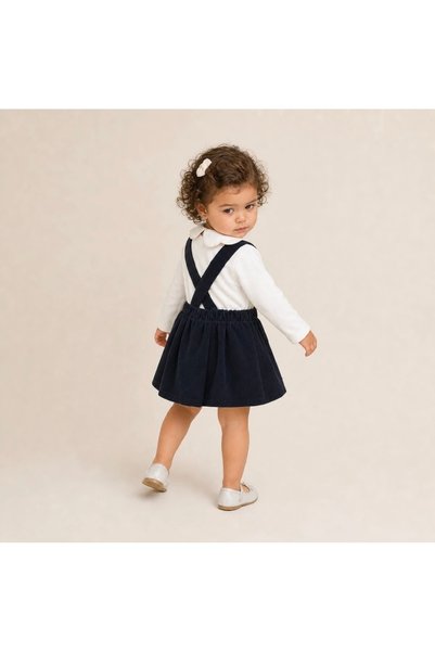 Alvadonna Heart Patterned Knitwear Cardigan, Velvet Dress and Baby Collar Shirt 3-Piece Baby Girl Set