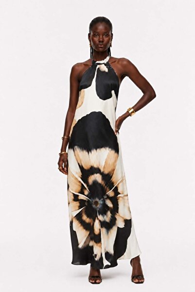 EXPLOSION Halter Yaka Desenli Saten Elbise