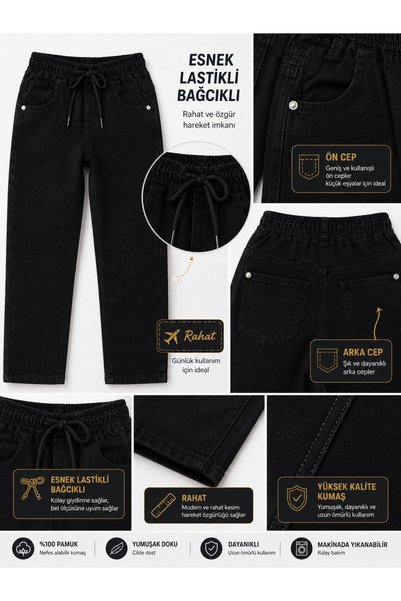 BABİDO Boys' Plain Black Jeans 5-12 Years Old Elastic Waist Lace-Up Flexible Denim Comfortable Fit