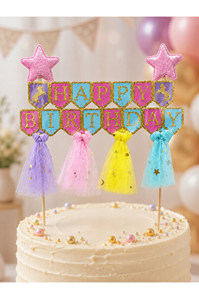 Magique Party "Happy Birthday" Tüllü Yıldız ve Sim Detaylı Boyutlu Pasta Süsü