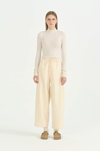 Nihan Elastic Waist Baggy Canvas Trousers - Cream