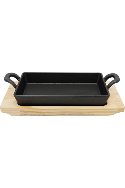 CC308 20cm*12.5cm Rectangular Cast Iron Skillet with Side Handles and Wooden ...