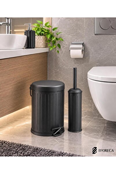 Eforeca Line 2 li Çöp Kovası Banyo Seti Çizgili 5 Lt Siyah