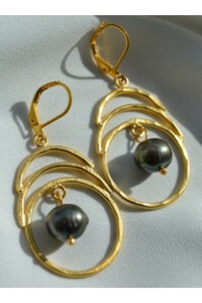 Stoneage Black Pearl Earrings - Gold Color -
