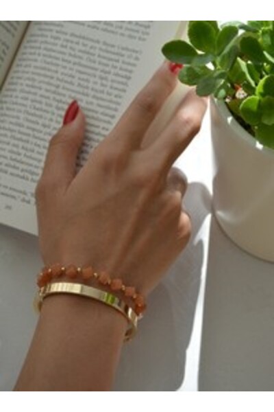 Stoneage Orange Aventurine and Clamp Bracelet Set - Gold Color -