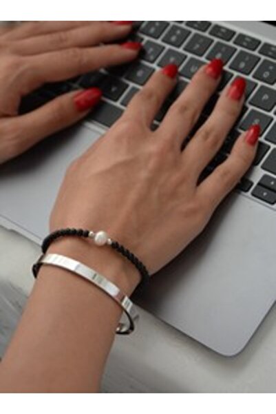 Stoneage Onyx Real Pearl Bracelet Set - Silver Color -