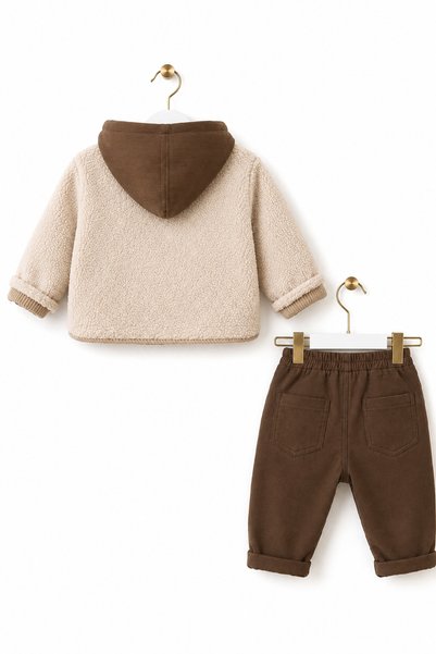 LİLİYUM Boy's 3-Piece Set Plush Coat Squirrel Patterned Striped Top Brown Trousers