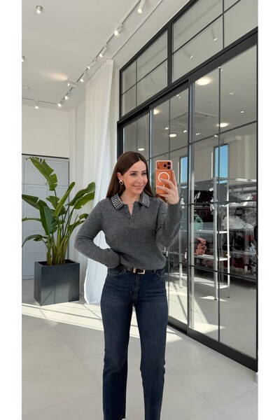 elif teke Polo Collared Knitwear Blouse with Zınbalı Stones Gray