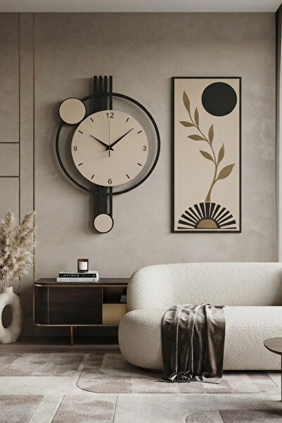 Nera Tasarım Modern Duvar Saati ve Dekoratif Tablo Seti Siyah Krem Salon Duva...
