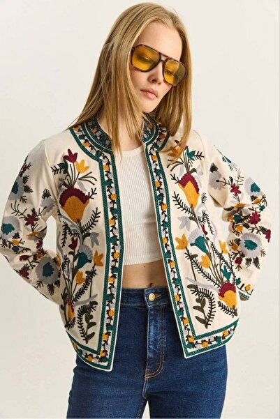 Nes Moda Kadın Bohem Kanaviçe Nakış İşlemeli Keten Ceket
