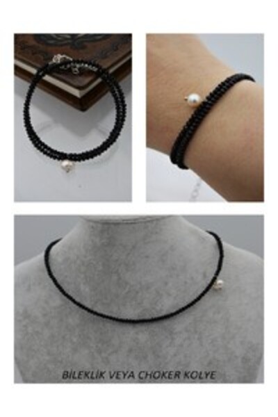 Stoneage Pearl and Crystal Bracelet or Choker Necklace - Black -