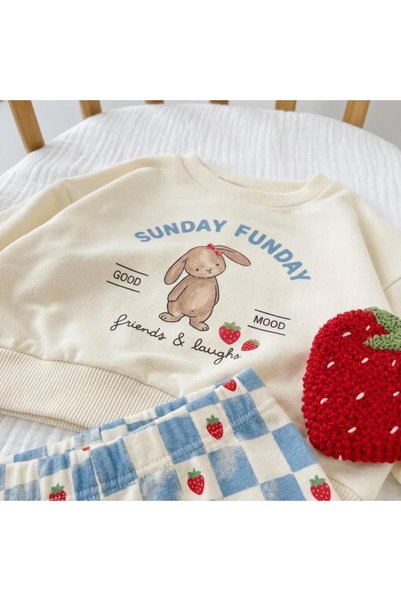 Luna Kids Store Girl's Rabbit Printed Sweatshirt and Strawberry Patterned Checkered Sweatpants Set