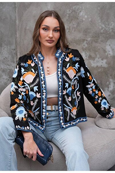 Nes Moda Kadın Bohem Kanaviçe Nakış İşlemeli Keten Ceket