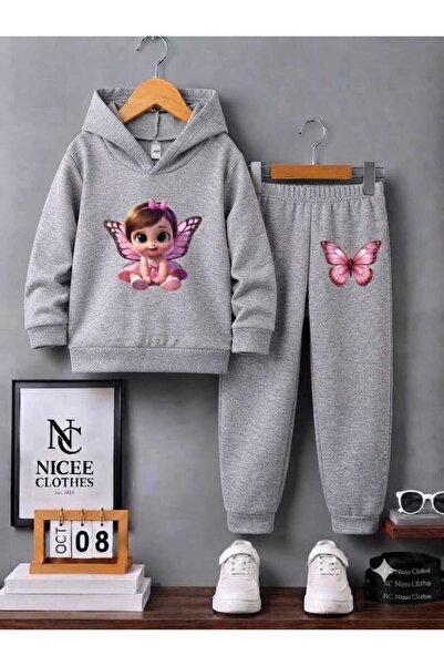NC Nicee Clothes طقم رياضي للأطفال للجنسين (طباعة فراشة وردية للأطفال للشتاء)