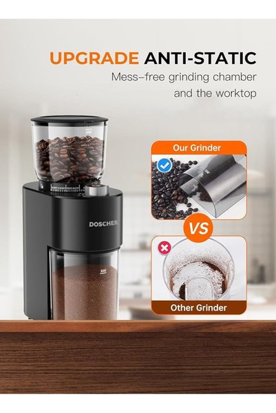 DOSCHER V60 Conical Burr Coffee Grinder, 38 Adjustable Grind Settings, Precise Timer, Anti-Static De