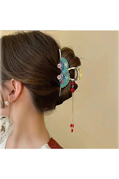 Glamluxe Uzak Doğu Esintili Yeşil Yelpaze Figürlü Kırmızı Boncuk Sallantılı M...