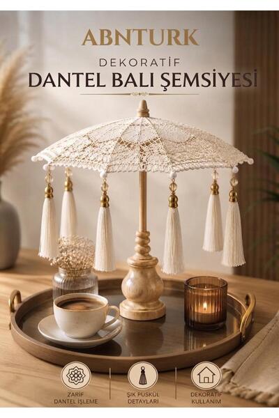 abnturk Masaüstü Dantelli Püsküllü Dekoratif Sunum Bali Şemsiyesi