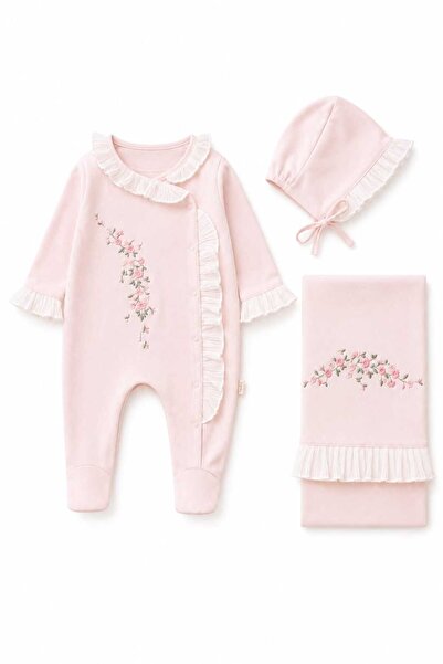 LİLİYUM Floral Embroidered Lace Detailed 3-Piece Organic Hospital Discharge S...