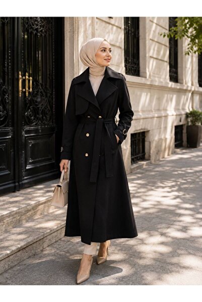 StormWear معطف طويل مبطن بحزام عند الخصر وياقة مزدوجة الصدر للنساء
