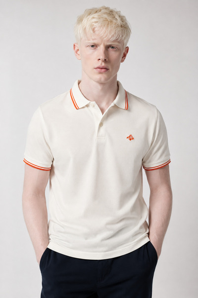 Mesh Men's Ecru 100% Cotton Polo Collar T-Shirt Regular Fit Orange Striped Pi...