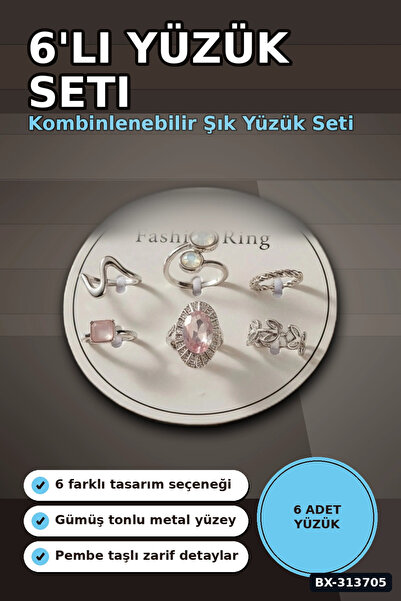Şeker Portakalım Brass 6`Li Yuzuk Set 7-8 Number Silver Color Bijouterie Brac...