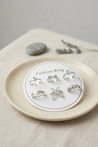 Şeker Portakalım Silver Color Brass Butterfly Detailed 6-Piece Ring Set Byk4308