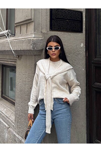 Bessia Butik Kadın Kendinden Şal Detaylı Oversize Triko Kazak
