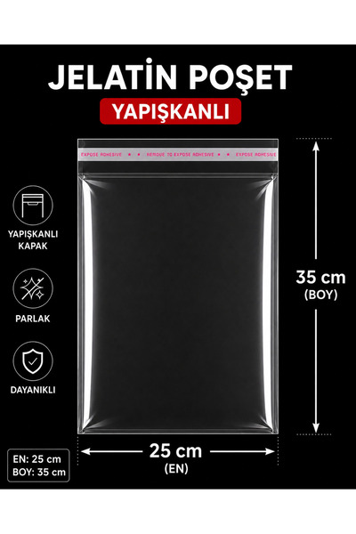 ADAPAK 100 adet 25x35 bantlı Yapışkanlı Şeffaf jelatin Poşet