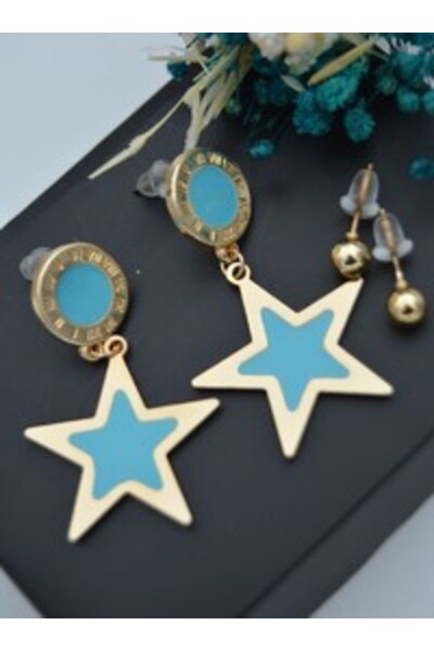 Stoneage Roman Numeral Star Earrings with Ball Earrings as a Gift - Gold Color -