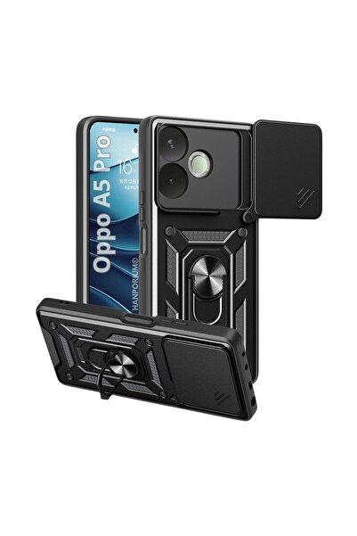 HANPORIUM Oppo A5 Pro Uyumlu Tank Kılıf Yüzüklü Standlı Extra Darbe Koruma Zırhlı Outdoor Kapak Siyah