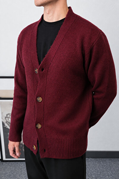 İLKCET MODA Men's Burgundy Premium Knitwear Cardigan