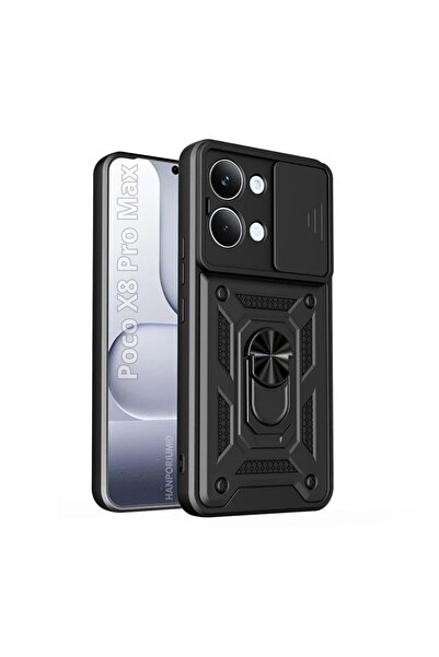 HANPORIUM Poco X8 Pro Max Uyumlu Tank Kılıf Yüzük Standlı Extra Darbe Koruma Zırhlı Outdoor Kapak Siyah