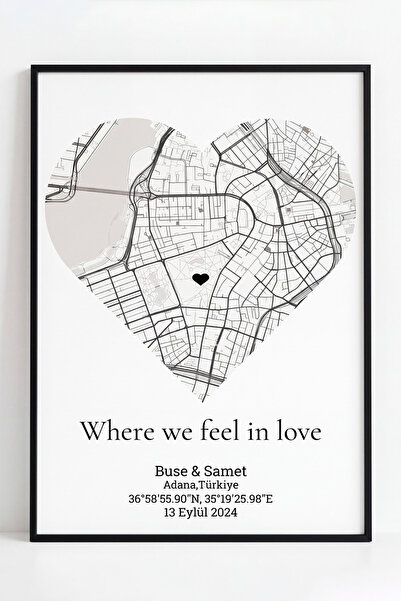 Kişiye Özel Tanıştığımız Yer Haritası –Love Map Kalp Harita Tablo – Sevgiliye Hediye 24 x 33 cm Çerçeveli