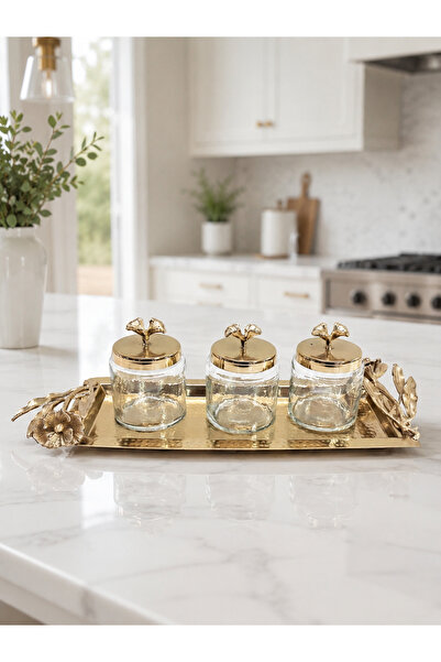 Hinora 3-Piece Glass Spice Rack and Jar Set with Flower Branch Detail and Bra...