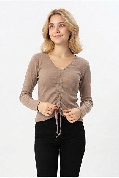 Şeker Portakalım Women's Front Drawstring V-Neck Ribbed Camisole Fabric Long ...