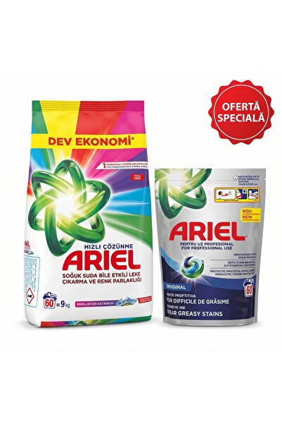 Ariel Set profesional: 9kg Pudră cu dizolvare rapidă și 60 capsule de spălare