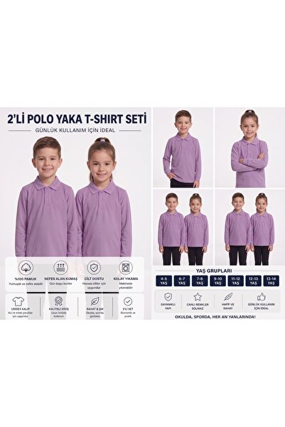 secret touch 2'li Paket Kız Erkek Çocuk %100 Pamuk Lakos Uzun Kollu Polo Yaka...