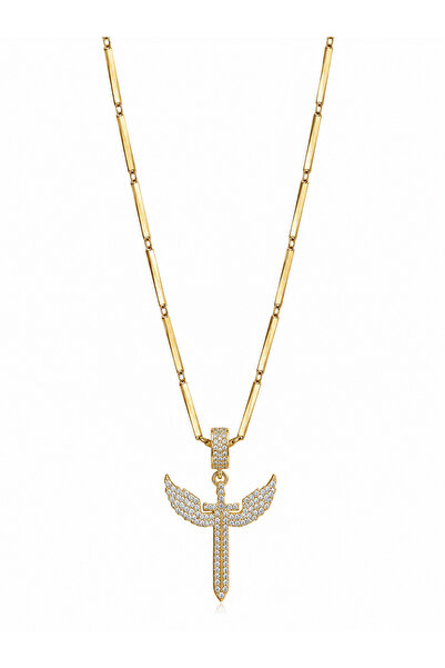 POSEİDONS JEWELLERY قلادة نسائية ذهبية اللون على شكل سيف ملائكي مرصعة بحجر ال...