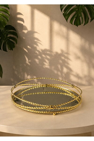 Hinora Home Dekoratif Aynalı Yuvarlak Altın Sunum Tepsisi Gold Metal Burgulu ...