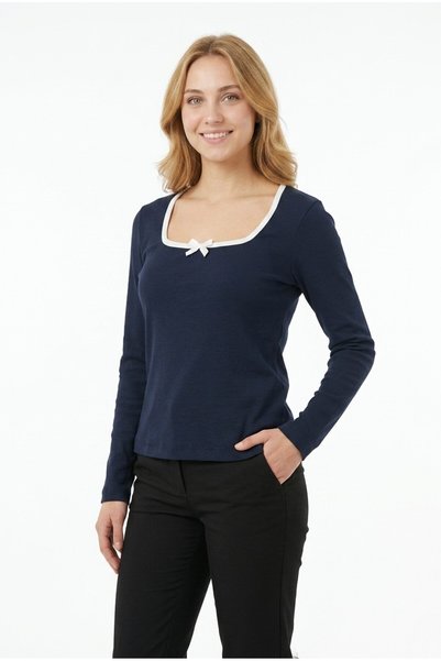 Generic Brand Bluză de damă cu mânecă lungă, cu guler pătrat, cu detalii de panglici și funde, din țesătură tip camisole